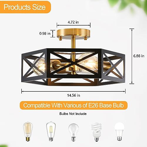 XSDeTu Modern Flush Mount Ceiling Light, 3-Light Black Gold Hallway Light Fixtures Ceiling Mount, Industrial Close to Ceiling Light with Metal Hexagon Cage Ceiling Lamp for Kitchen