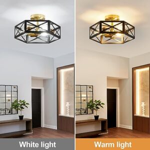 XSDeTu Modern Flush Mount Ceiling Light, 3-Light Black Gold Hallway Light Fixtures Ceiling Mount, Industrial Close to Ceiling Light with Metal Hexagon Cage Ceiling Lamp for Kitchen