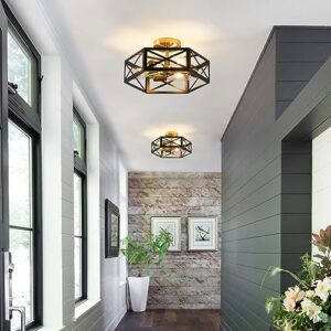 XSDeTu Modern Flush Mount Ceiling Light, 3-Light Black Gold Hallway Light Fixtures Ceiling Mount, Industrial Close to Ceiling Light with Metal Hexagon Cage Ceiling Lamp for Kitchen