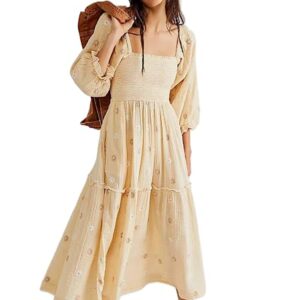 Argeousgor Women 2023 Bohemian Floral Dress Square Neck Ruffle Swing A Line Maxi Dress Long Sleeve Beach Long Dress(Boutique Apricot Flower Dress,M)