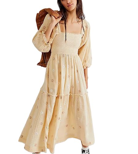 Argeousgor Women 2023 Bohemian Floral Dress Square Neck Ruffle Swing A Line Maxi Dress Long Sleeve Beach Long Dress(Boutique Apricot Flower Dress,M)