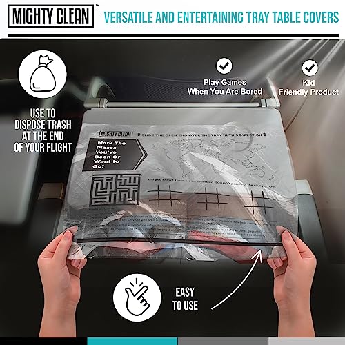 15 Disposable Travel Tray Protectors by Mighty Clean │ Airplane Travel Essentials for Toddler, Kids, and Adults │ Must Have for Flying │ Provides a Clean Surface and Entertainment │ 15 Pack