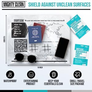 15 Disposable Travel Tray Protectors by Mighty Clean │ Airplane Travel Essentials for Toddler, Kids, and Adults │ Must Have for Flying │ Provides a Clean Surface and Entertainment │ 15 Pack