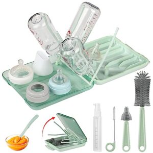 7 in 1 Bottle Brush Set-Travel Brush Cleaner Kit with Extendable Silicone Bottle Brush,Drying Rack,Nipple Brush,Straw Brush,Soap Dispenser & Storage Box,Baby Travel Essential for Moms (Green)