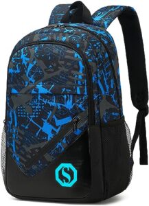 backpack for kids boys elementary bookbag 17 inch middle school bag primary waterproof rucksack for teens travel fits ages 6+ yo（graffiti-blue black)