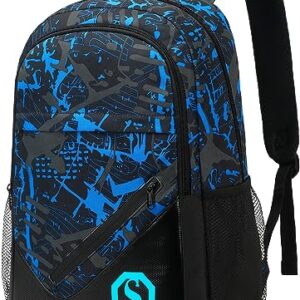 Backpack for Kids Boys Elementary Bookbag 17 Inch Middle School Bag Primary Waterproof Rucksack for Teens Travel Fits Ages 6+ YO（Graffiti-Blue Black)