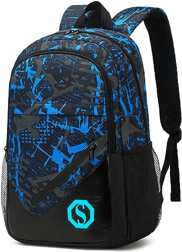 Backpack for Kids Boys Elementary Bookbag 17 Inch Middle School Bag Primary Waterproof Rucksack for Teens Travel Fits Ages 6+ YO（Graffiti-Blue Black)