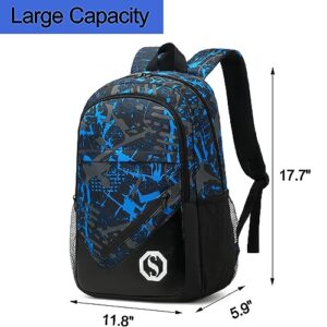 Backpack for Kids Boys Elementary Bookbag 17 Inch Middle School Bag Primary Waterproof Rucksack for Teens Travel Fits Ages 6+ YO（Graffiti-Blue Black)