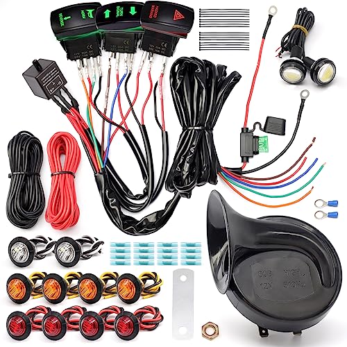 Erchon Pre-wired ATV UTV Turn Signal Horn Kit,Universal Street Legal Kit Warning Light Rocker Switch Kit with 1Horn Reverse Lights Flasher Relay Fuse,blinker kit for UTV ROV ATV Golf SXS