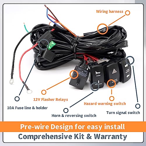 Erchon Pre-wired ATV UTV Turn Signal Horn Kit,Universal Street Legal Kit Warning Light Rocker Switch Kit with 1Horn Reverse Lights Flasher Relay Fuse,blinker kit for UTV ROV ATV Golf SXS