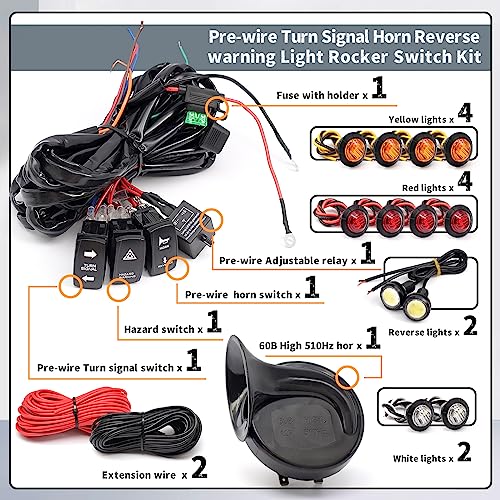 Erchon Pre-wired ATV UTV Turn Signal Horn Kit,Universal Street Legal Kit Warning Light Rocker Switch Kit with 1Horn Reverse Lights Flasher Relay Fuse,blinker kit for UTV ROV ATV Golf SXS