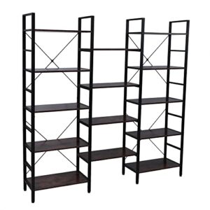 otomatico triple wide 5-shelf bookcase, large open bookshelf vintage industrial style shelves wood and metal bookcases furniture for home (retro brown)