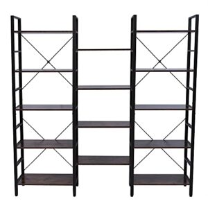 Otomatico Triple Wide 5-Shelf Bookcase, Large Open Bookshelf Vintage Industrial Style Shelves Wood and Metal bookcases Furniture for Home (Retro Brown)