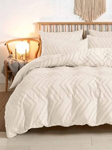 nanko beige duvet cover full size, 3pc boho tufted microfiber bedding comforter cover set, all season aesthetic shabby chic soft embroidery textured geometric quilt cover (80x90)