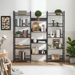 bookcases and bookshelves triple wide 5 tiers industrial bookshelf, large open bookshelves display shelves with metal frame for living room bedroom home office, dark gray