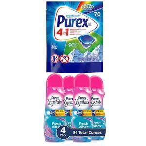 purex 4-in-1 laundry detergent pacs, mountain breeze, 70 count + purex crystals in-wash fragrance and scent booster, fresh vibes, 21 ounce, 4 count