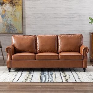 Dreamsir 79'' Traditional Faux Leather Sofa Couch with Nailhead Trim, Classic Rolled Arm Sofa with 3-Seater for Living Room, Bedroom, Apartment, Easy Assembly (Brown)