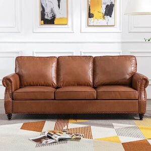 dreamsir 79'' traditional faux leather sofa couch with nailhead trim, classic rolled arm sofa with 3-seater for living room, bedroom, apartment, easy assembly (brown)