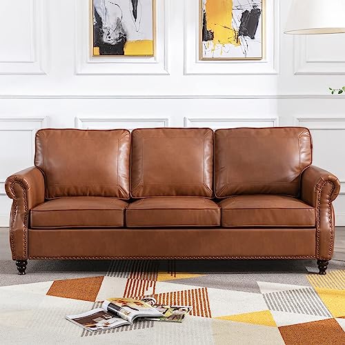 Dreamsir 79'' Traditional Faux Leather Sofa Couch with Nailhead Trim, Classic Rolled Arm Sofa with 3-Seater for Living Room, Bedroom, Apartment, Easy Assembly (Brown)