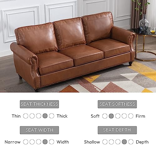 Dreamsir 79'' Traditional Faux Leather Sofa Couch with Nailhead Trim, Classic Rolled Arm Sofa with 3-Seater for Living Room, Bedroom, Apartment, Easy Assembly (Brown)