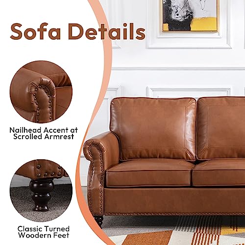 Dreamsir 79'' Traditional Faux Leather Sofa Couch with Nailhead Trim, Classic Rolled Arm Sofa with 3-Seater for Living Room, Bedroom, Apartment, Easy Assembly (Brown)