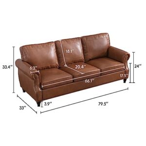 Dreamsir 79'' Traditional Faux Leather Sofa Couch with Nailhead Trim, Classic Rolled Arm Sofa with 3-Seater for Living Room, Bedroom, Apartment, Easy Assembly (Brown)