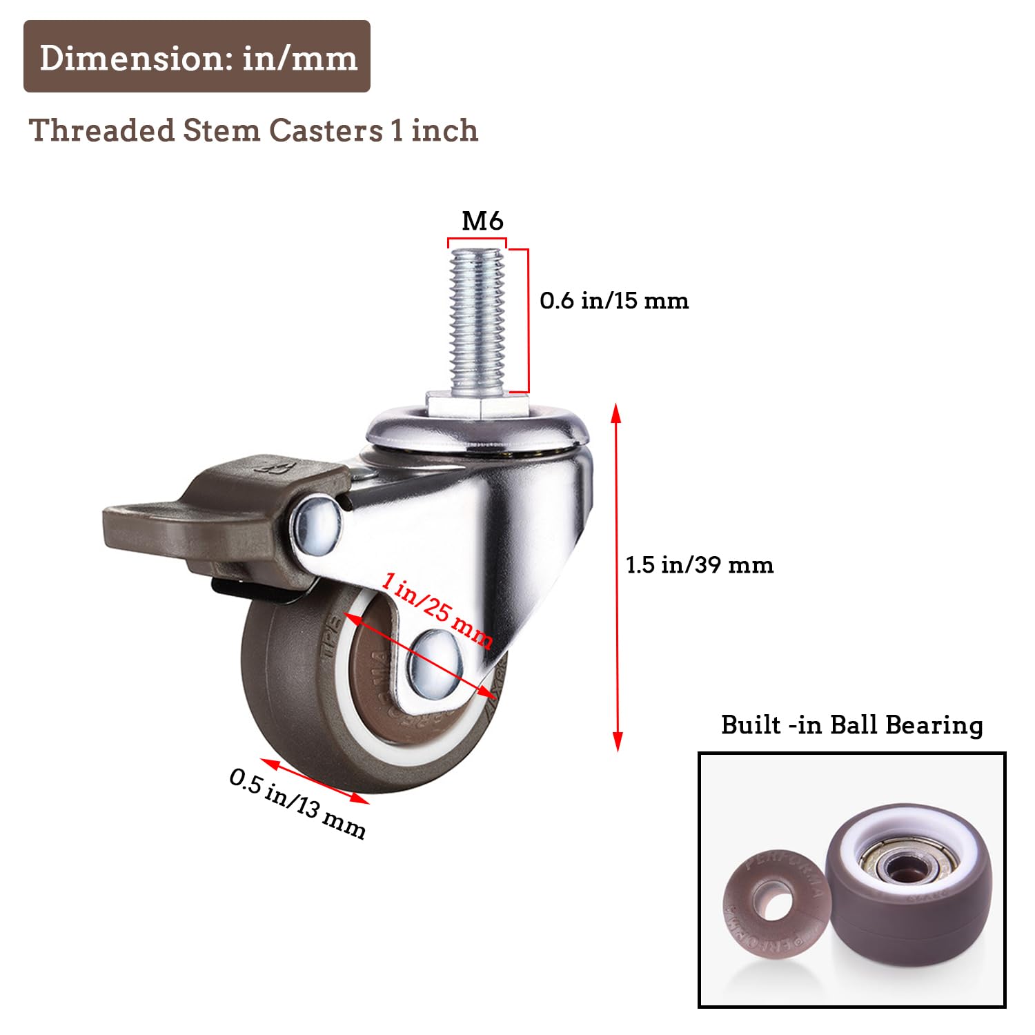 Mini Caster Wheels 1 inch Threaded Stem Casters with Brake and Screws Stem M6 x 15mm, Ball Bearing Silent TPE Rubber Low Profile Caster Wheels for Furniture Rolling Trolley Small Shopping Cart 4 Pack