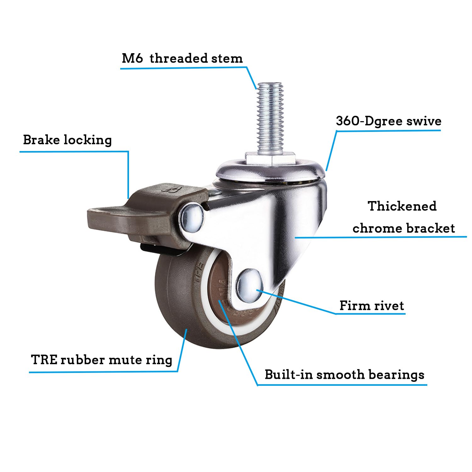 Mini Caster Wheels 1 inch Threaded Stem Casters with Brake and Screws Stem M6 x 15mm, Ball Bearing Silent TPE Rubber Low Profile Caster Wheels for Furniture Rolling Trolley Small Shopping Cart 4 Pack