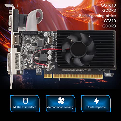 GOWENIC GT 610 1GB Graphics Card, 64Bit DDR3 PCI Express X16 2.0 Gaming Graphics Card with HDMI VGA DVI Port and Silence Cooling Fan for Desktop Computers