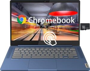 lenovo chromebook laptop for college students, school, 14 inch fhd touchscreen, mediatek mt8186, 4gb ram, 64gb emmc+128gb sd card, chrome os, long battery life, abyss blue, pcm