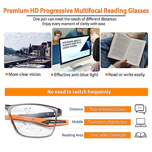 Photochromic Progressive Multifocus Reading Glasses Men Women Blue Light Blocking Workspace Multifocal Glasses TR90 Frame Spring Hinge No Line Transition Sunglasses With Readers 3.0