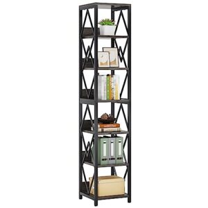 little tree 75 inches tall narrow bookshelf, 6 tiers skinny open bookcase with heavy duty metal frame, storage display shelves rack for living room, bedroom, grey