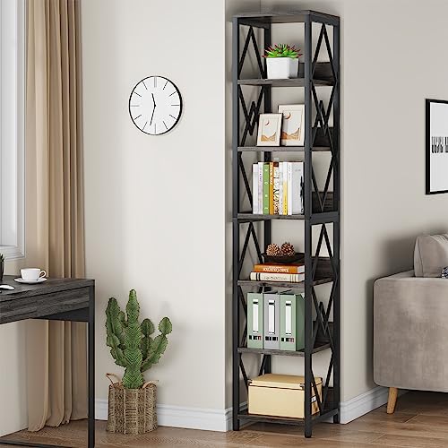 LITTLE TREE 75 Inches Tall Narrow Bookshelf, 6 Tiers Skinny Open Bookcase with Heavy Duty Metal Frame, Storage Display Shelves Rack for Living Room, Bedroom, Grey