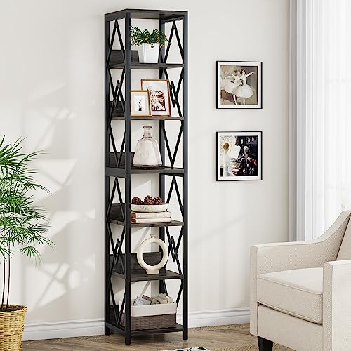 LITTLE TREE 75 Inches Tall Narrow Bookshelf, 6 Tiers Skinny Open Bookcase with Heavy Duty Metal Frame, Storage Display Shelves Rack for Living Room, Bedroom, Grey