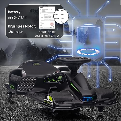 24V Kids Ride on Drift Car for Kids, Electric Drifting Go-Kart Up to 7.5 mph Variable Speed, Built-in Music,Colorful Tail LED Light,USB,Low-Power Alarm (24V, Black)