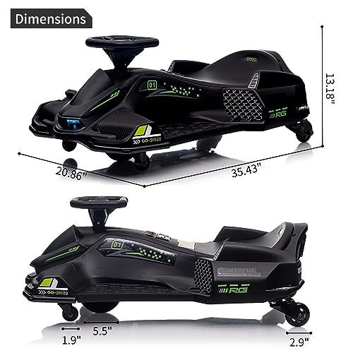 24V Kids Ride on Drift Car for Kids, Electric Drifting Go-Kart Up to 7.5 mph Variable Speed, Built-in Music,Colorful Tail LED Light,USB,Low-Power Alarm (24V, Black)
