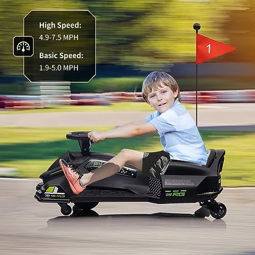 24V Kids Ride on Drift Car for Kids, Electric Drifting Go-Kart Up to 7.5 mph Variable Speed, Built-in Music,Colorful Tail LED Light,USB,Low-Power Alarm (24V, Black)