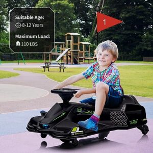 24V Kids Ride on Drift Car for Kids, Electric Drifting Go-Kart Up to 7.5 mph Variable Speed, Built-in Music,Colorful Tail LED Light,USB,Low-Power Alarm (24V, Black)