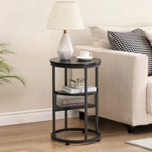 idealhouse round side table with storage, black wooden end table with 3-tier storage shelf for living room, bedroom and couch, sturdy vintage easy assembly nightstand