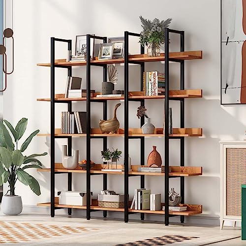 KNAMOTL 5 Tier Bookcase Home Office Open Bookshelf, Vintage Industrial Style Shelf with MDF Board & Large Capacity Storage, Black Metal Frame for Office Living Room (Black+Brown)