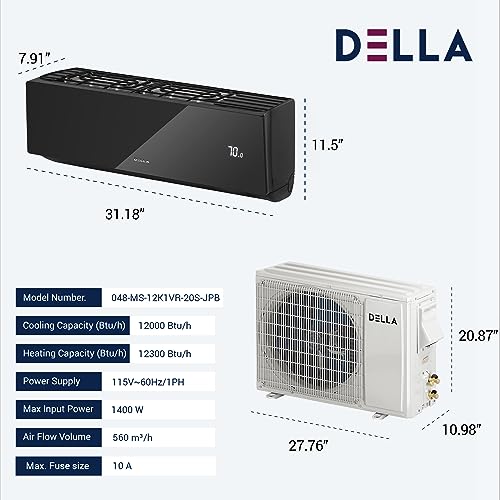 DELLA 12000 BTU Mini Split 20 SEER2 Cools Up to 550 Sq.Ft Energy Saving Wifi Split Air Conditioner & Heater Ductless Pre-Charged Inverter System with 1 Ton Heat Pump(JPB Series with R32 refrigerant)