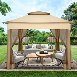 cobizi pop up gazebo patio gazebo outdoor gazebo with mosquito netting 11x11 outdoor canopy shelter with double roof ventiation 121 square feet of shade for lawn, garden, backyard and deck, khaki