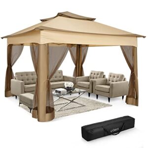 COBIZI Pop Up Gazebo Patio Gazebo Outdoor Gazebo with Mosquito Netting 11x11 Outdoor Canopy Shelter with Double Roof Ventiation 121 Square Feet of Shade for Lawn, Garden, Backyard and Deck, Khaki