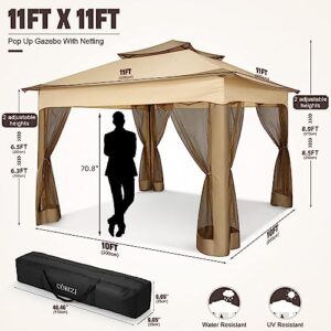 COBIZI Pop Up Gazebo Patio Gazebo Outdoor Gazebo with Mosquito Netting 11x11 Outdoor Canopy Shelter with Double Roof Ventiation 121 Square Feet of Shade for Lawn, Garden, Backyard and Deck, Khaki