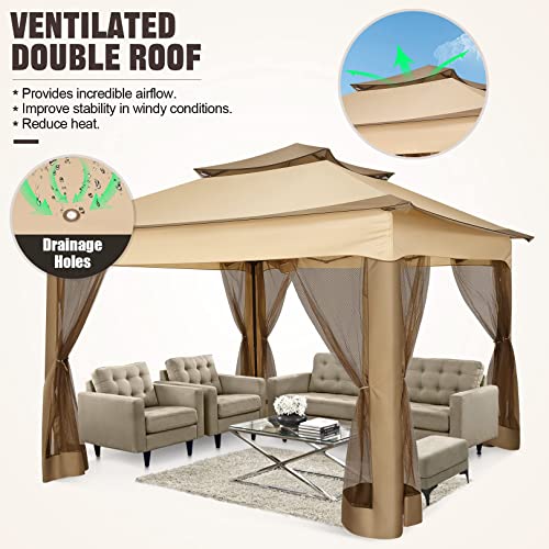 COBIZI Pop Up Gazebo Patio Gazebo Outdoor Gazebo with Mosquito Netting 11x11 Outdoor Canopy Shelter with Double Roof Ventiation 121 Square Feet of Shade for Lawn, Garden, Backyard and Deck, Khaki