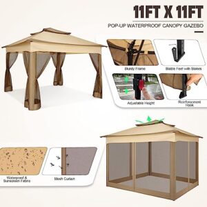 COBIZI Pop Up Gazebo Patio Gazebo Outdoor Gazebo with Mosquito Netting 11x11 Outdoor Canopy Shelter with Double Roof Ventiation 121 Square Feet of Shade for Lawn, Garden, Backyard and Deck, Khaki