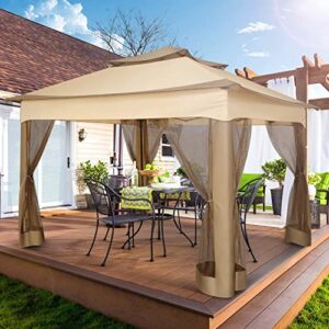 COBIZI Pop Up Gazebo Patio Gazebo Outdoor Gazebo with Mosquito Netting 11x11 Outdoor Canopy Shelter with Double Roof Ventiation 121 Square Feet of Shade for Lawn, Garden, Backyard and Deck, Khaki