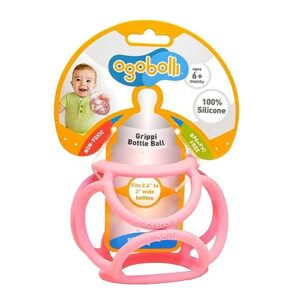 ogobolli grippi teether ring tactile sensory ball and baby bottle holder for babies & toddlers - stretchy, squishy, soft, non-toxic silicone - boys and girls age 6+ months - pink