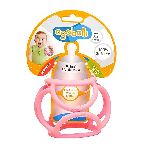 OgoBolli Grippi Teether Ring Tactile Sensory Ball and Baby Bottle Holder for Babies & Toddlers - Stretchy, Squishy, Soft, Non-Toxic Silicone - Boys and Girls Age 6+ Months - Pink