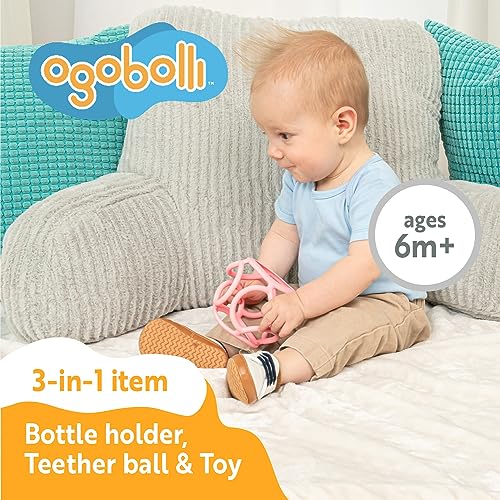 OgoBolli Grippi Teether Ring Tactile Sensory Ball and Baby Bottle Holder for Babies & Toddlers - Stretchy, Squishy, Soft, Non-Toxic Silicone - Boys and Girls Age 6+ Months - Pink